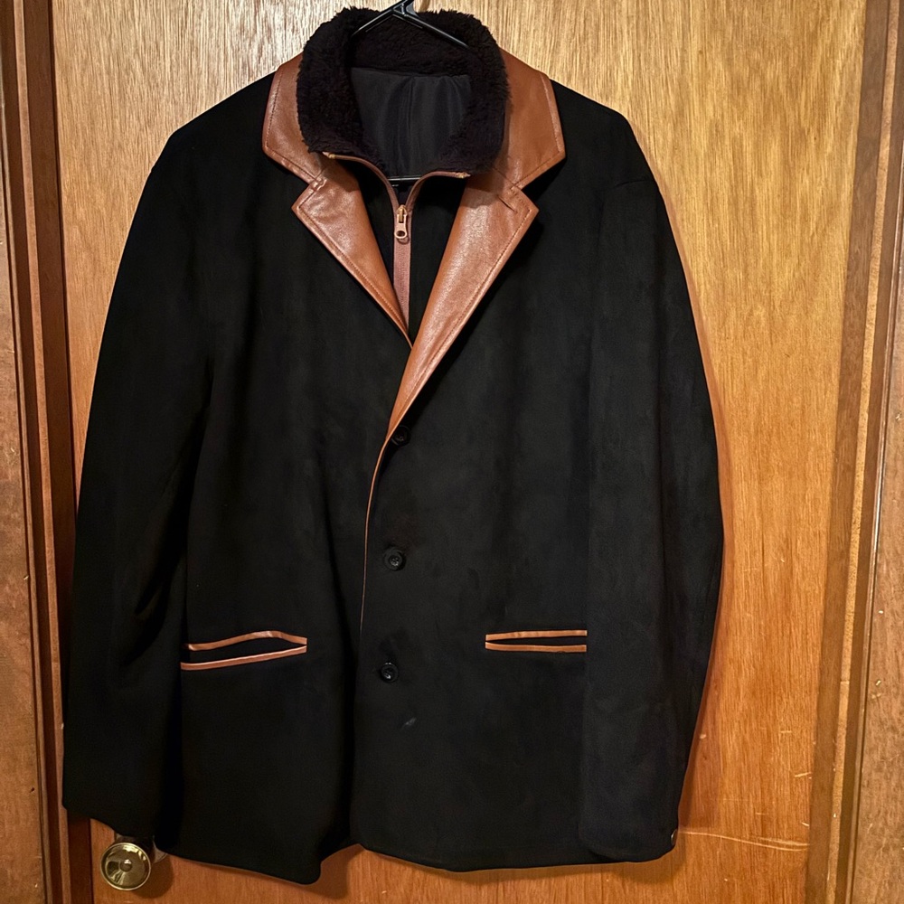 Men's Black Suede Coat with Brown Leather Trim - Picture 7 of 7